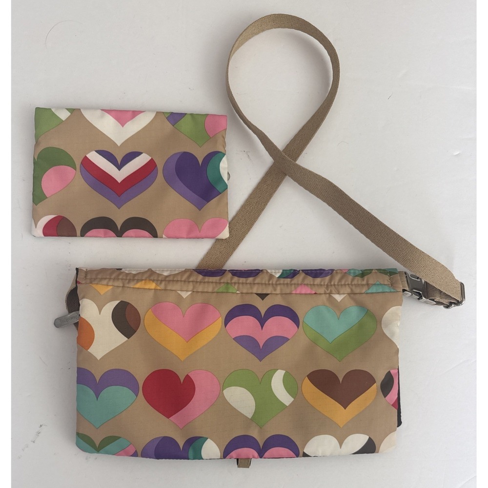 Vtg Le Sportsac Colorful Hearts Deluxe Everyday Shoulder Bag W/ Zipper Pouch Set - Picture 2 of 16